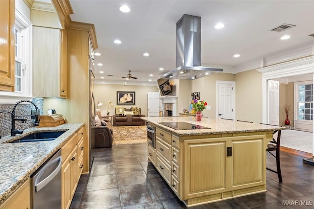 161 Watson Cir, Montgomery, AL 36109 - kitchen featuring island exhaust hood, appliances with stainless steel finishes, a sink, open floor plan, and a fireplace