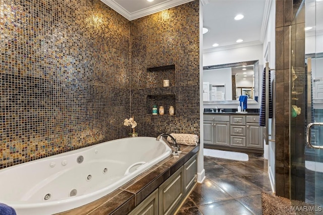 161 Watson Cir, Montgomery, AL 36109 - full bathroom featuring ornamental molding, vanity, a stall shower, and a whirlpool tub