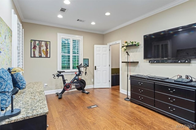 161 Watson Cir, Montgomery, AL 36109 - exercise area featuring light wood-style flooring, crown molding, baseboards, and recessed lighting