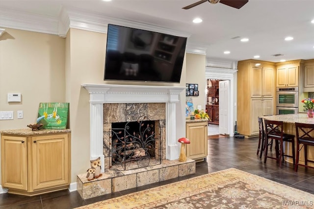 161 Watson Cir, Montgomery, AL 36109 - living area with crown molding, ceiling fan, a premium fireplace, recessed lighting, and dark wood-type flooring