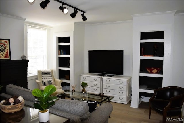 402 S Perry St, Montgomery, AL 36104 - living room featuring crown molding, wood finished floors, built in shelves, and rail lighting
