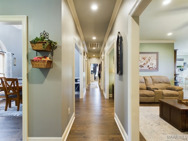 661 Blackberry Rd, Deatsville, AL 36022 - corridor with dark wood-style floors, crown molding, recessed lighting, baseboards, and a barn door