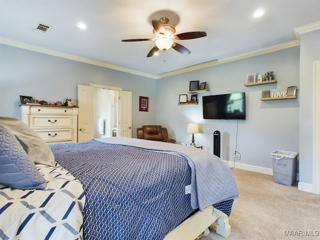 661 Blackberry Rd, Deatsville, AL 36022 - bedroom with light colored carpet, ornamental molding, baseboards, and ceiling fan
