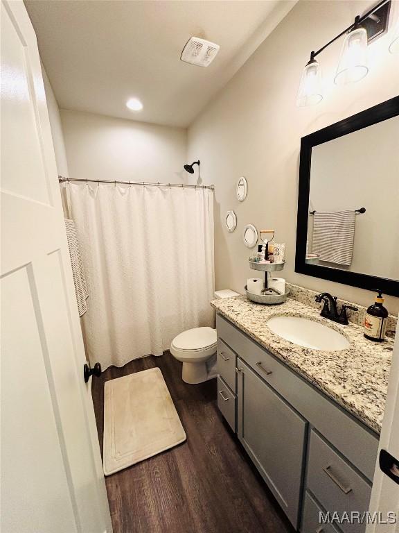 1670 Rifle Range Rd, Wetumpka, AL 36093 - bathroom featuring wood finished floors, vanity, toilet, and curtained shower