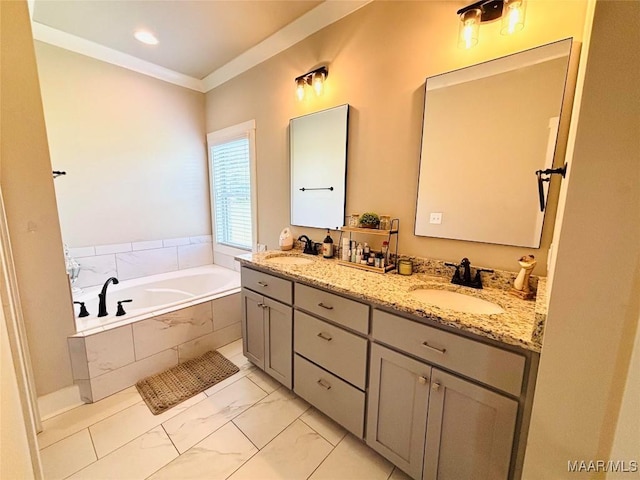 1670 Rifle Range Rd, Wetumpka, AL 36093 - full bath with marble look tiles, double vanity, a bath, and crown molding