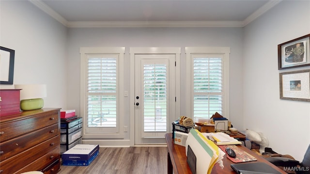 3063 Little Rd, Tallassee, AL 36078 - doorway featuring wood finished floors and crown molding