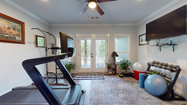 3063 Little Rd, Tallassee, AL 36078 - workout room featuring ornamental molding, french doors, ceiling fan, and baseboards