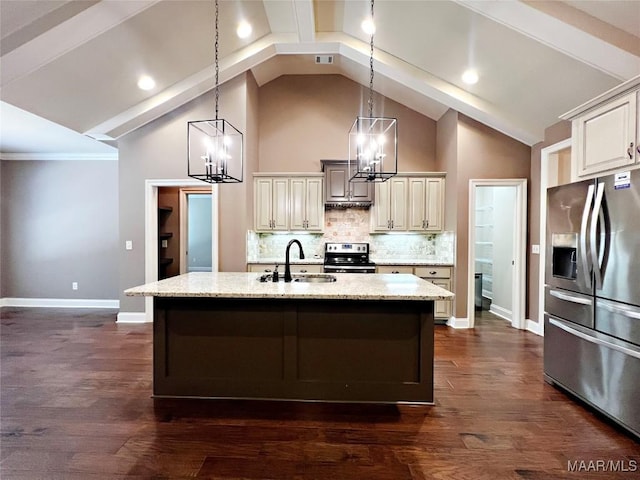 475 Mountain Meadows Ln, Wetumpka, AL 36093 - kitchen with stainless steel appliances, a sink, a chandelier, light stone countertops, and decorative backsplash