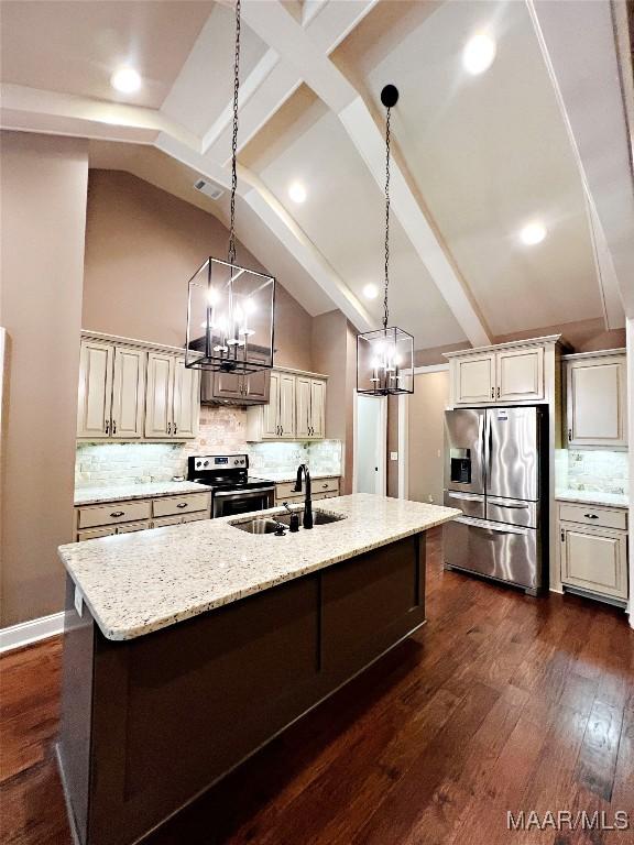 475 Mountain Meadows Ln, Wetumpka, AL 36093 - kitchen featuring stainless steel appliances, a sink, a chandelier, dark wood-style floors, and backsplash