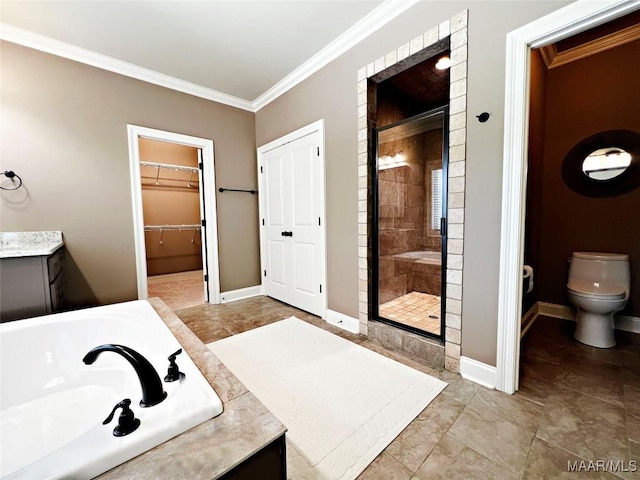 475 Mountain Meadows Ln, Wetumpka, AL 36093 - bathroom featuring a stall shower, crown molding, a bath, baseboards, and toilet