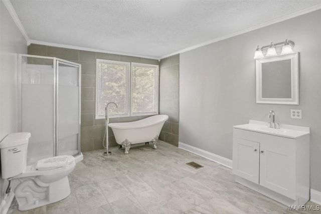 21 Judge Ests, Hope Hull, AL 36043 - bathroom with ornamental molding, a stall shower, vanity, a freestanding bath, and toilet