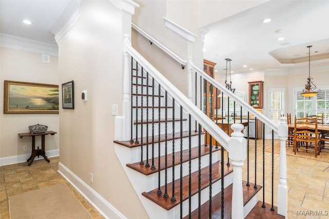 3900 Turning Leaf Loop, Montgomery, AL 36116 - stairway featuring stone tile floors, ornamental molding, recessed lighting, and baseboards