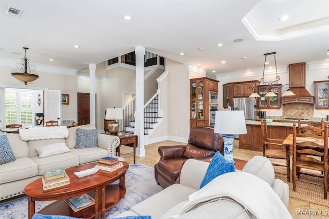 3900 Turning Leaf Loop, Montgomery, AL 36116 - living area featuring ornamental molding, recessed lighting, stairway, light tile patterned floors, and baseboards