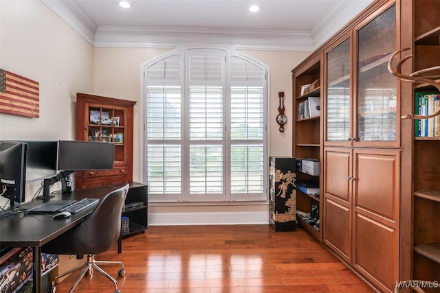 3900 Turning Leaf Loop, Montgomery, AL 36116 - office area with ornamental molding, wood-type flooring, baseboards, and recessed lighting
