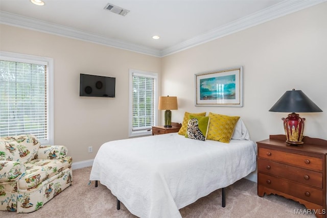 3900 Turning Leaf Loop, Montgomery, AL 36116 - bedroom with light colored carpet, crown molding, recessed lighting, and baseboards