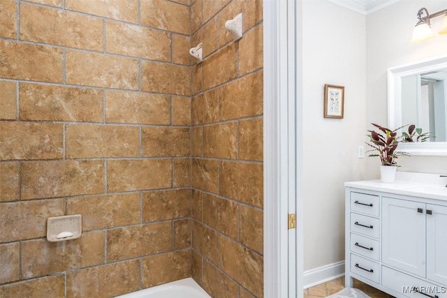 3900 Turning Leaf Loop, Montgomery, AL 36116 - bathroom featuring vanity, crown molding, shower / bathtub combination, and baseboards