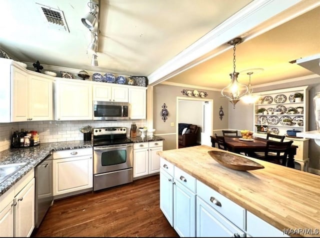 1915 Mckinley Ave, Montgomery, AL 36107 - kitchen featuring appliances with stainless steel finishes, wood counters, ornamental molding, white cabinets, and tasteful backsplash