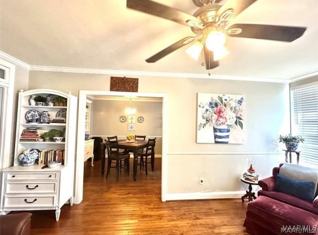1915 Mckinley Ave, Montgomery, AL 36107 - living area featuring ornamental molding, a ceiling fan, wood finished floors, and baseboards