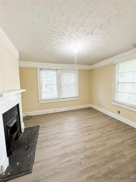1422 S Holt St, Montgomery, AL 36108 - unfurnished living room with a textured ceiling, wood finished floors, a fireplace with raised hearth, plenty of natural light, and baseboards