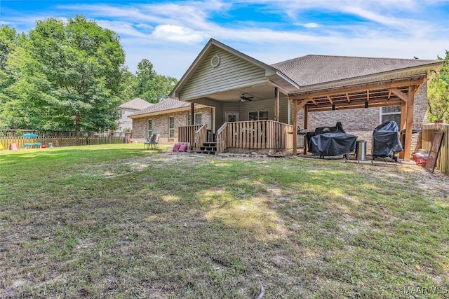 190 Sherwood Trl, Wetumpka, AL 36093 - rear view of house featuring ceiling fan, roof with shingles, brick siding, and a wooden deck