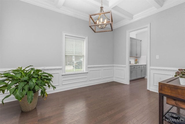 20 Tori Ct, Millbrook, AL 36054 - dining area with a chandelier, beam ceiling, coffered ceiling, dark wood-style flooring, and wainscoting