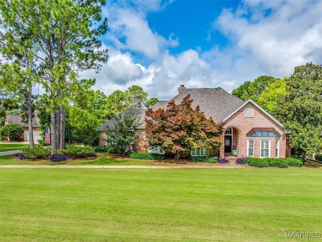 8054 Lakeridge Dr, Montgomery, AL 36117 - view of front of house with a front yard, brick siding, and a chimney