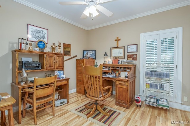 8054 Lakeridge Dr, Montgomery, AL 36117 - office area with light wood finished floors, a ceiling fan, crown molding, and baseboards