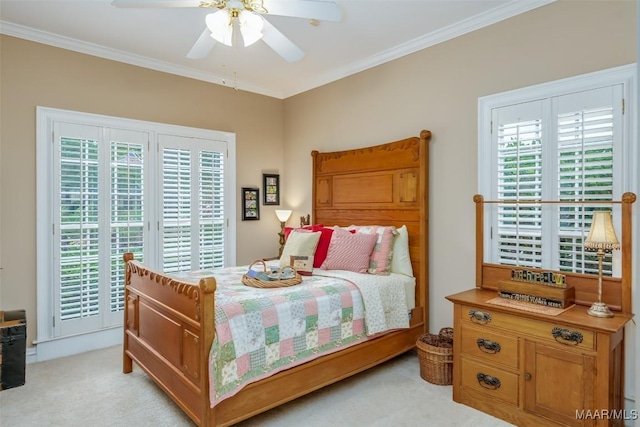 8054 Lakeridge Dr, Montgomery, AL 36117 - bedroom with light carpet, ornamental molding, and ceiling fan