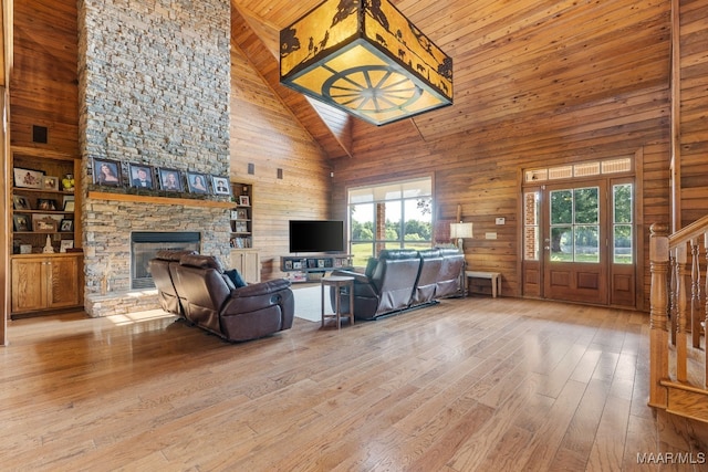 511 Mehearg Rd, Wetumpka, AL 36092 - living room with high vaulted ceiling, hardwood / wood-style floors, a stone fireplace, wooden ceiling, and stairway