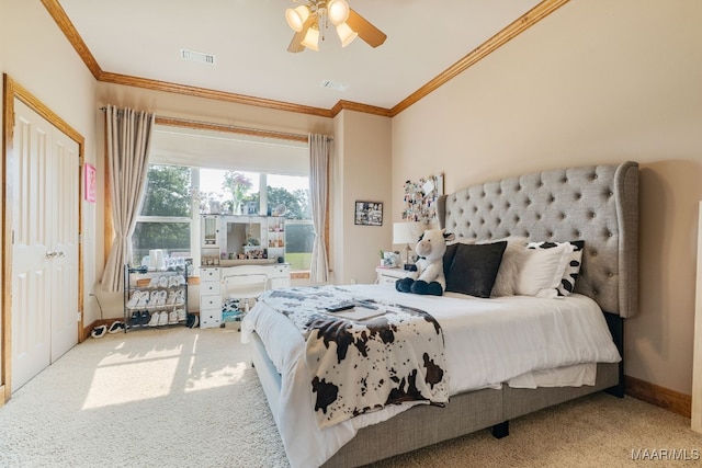 511 Mehearg Rd, Wetumpka, AL 36092 - bedroom featuring carpet floors, ornamental molding, and ceiling fan