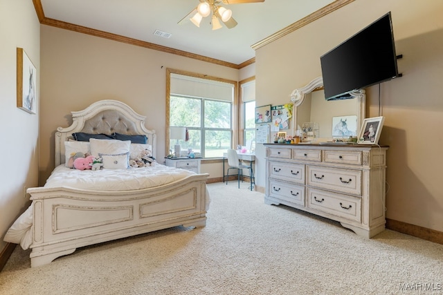 511 Mehearg Rd, Wetumpka, AL 36092 - bedroom featuring light colored carpet, baseboards, crown molding, and a ceiling fan