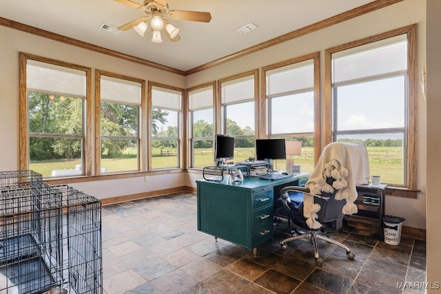 511 Mehearg Rd, Wetumpka, AL 36092 - office area with stone tile flooring, a ceiling fan, and ornamental molding