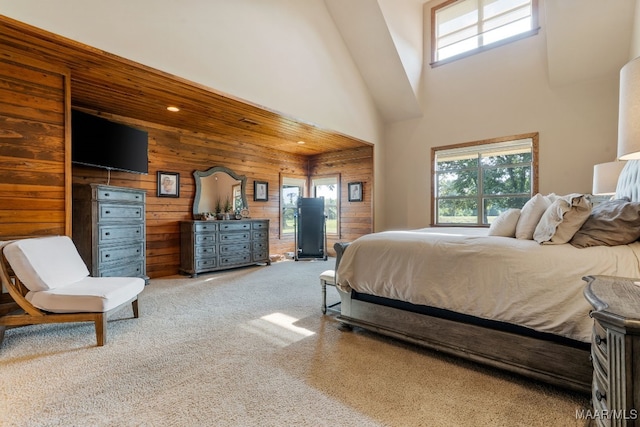 511 Mehearg Rd, Wetumpka, AL 36092 - bedroom featuring light carpet, wood walls, and a high ceiling