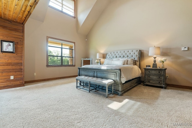 511 Mehearg Rd, Wetumpka, AL 36092 - bedroom featuring a towering ceiling, multiple windows, carpet, wooden walls, and wooden ceiling