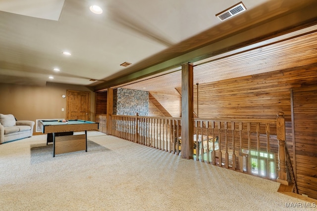 511 Mehearg Rd, Wetumpka, AL 36092 - rec room featuring wooden walls, billiards table, recessed lighting, and carpet floors