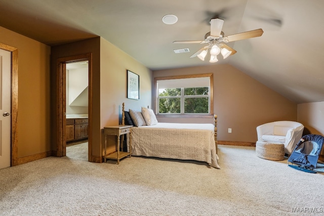 511 Mehearg Rd, Wetumpka, AL 36092 - bedroom with carpet flooring, lofted ceiling, connected bathroom, and ceiling fan