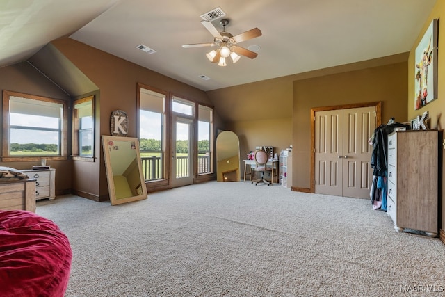 511 Mehearg Rd, Wetumpka, AL 36092 - sitting room with lofted ceiling, carpet, and a ceiling fan