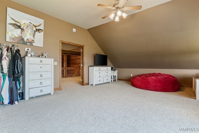 511 Mehearg Rd, Wetumpka, AL 36092 - bedroom with lofted ceiling, carpet, and ceiling fan