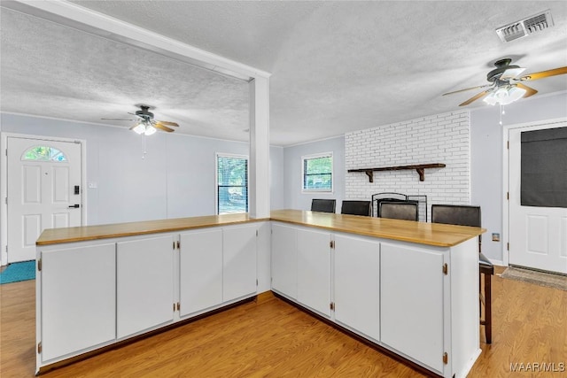 211 Murfee Dr, Prattville, AL 36066 - kitchen with a ceiling fan, a fireplace, a textured ceiling, light wood finished floors, and light countertops