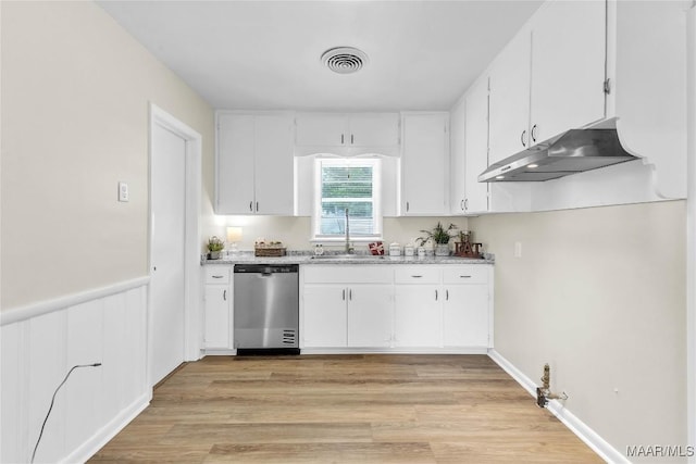 3556 Prince George Dr, Montgomery, AL 36109 - kitchen featuring stainless steel dishwasher, under cabinet range hood, a sink, and white cabinets