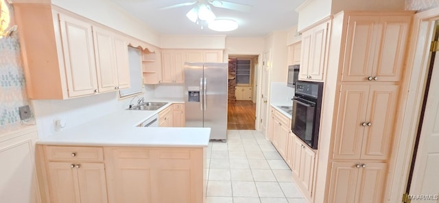 2728 Oxford Dr, Montgomery, AL 36111 - kitchen featuring stainless steel appliances, a ceiling fan, light countertops, open shelves, and light tile patterned flooring