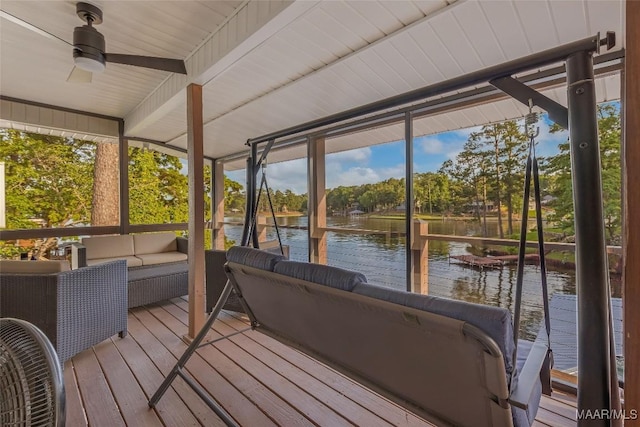 28 Lake Region Dr, Wetumpka, AL 36092 - sunroom / solarium featuring a water view, a ceiling fan, outdoor lounge area, and healthy amount of natural light