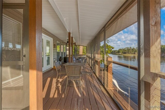28 Lake Region Dr, Wetumpka, AL 36092 - sunroom with hardwood / wood-style floors, a water view, and beamed ceiling