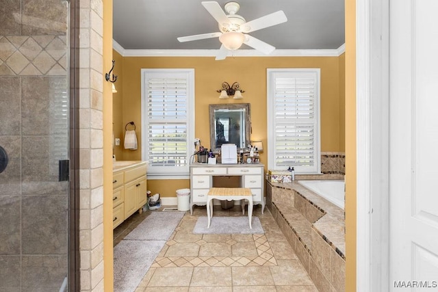 18490 US Highway 31st Rd, Clanton, AL 35045 - full bathroom with vanity, tile patterned floors, ornamental molding, a bath, and a stall shower