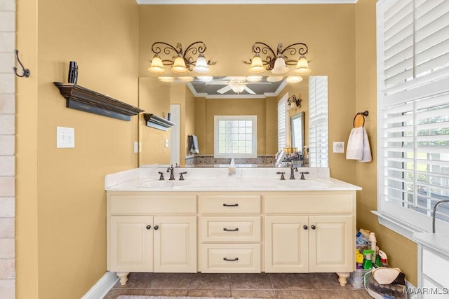 18490 US Highway 31st Rd, Clanton, AL 35045 - full bath featuring a ceiling fan, double vanity, crown molding, and tile patterned floors
