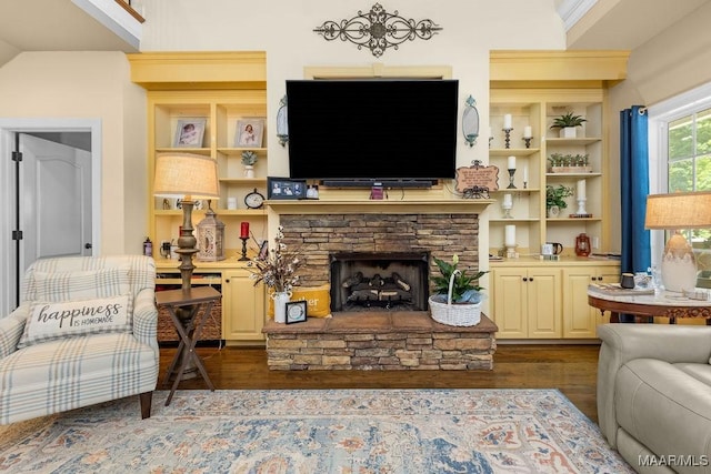 18490 US Highway 31st Rd, Clanton, AL 35045 - living area with dark wood-style floors, a stone fireplace, and built in features