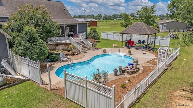 18490 US Highway 31st Rd, Clanton, AL 35045 - view of swimming pool with a gazebo, a wooden deck, a fenced backyard, a patio area, and stairs