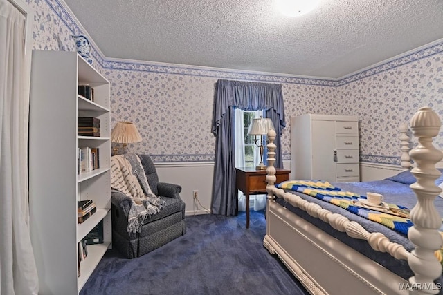 76 Willow Springs Rd, Wetumpka, AL 36093 - bedroom with wallpapered walls, a textured ceiling, crown molding, dark carpet, and wainscoting