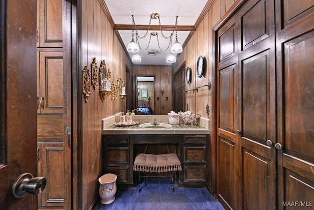 76 Willow Springs Rd, Wetumpka, AL 36093 - bathroom with vanity, wooden walls, and ornamental molding