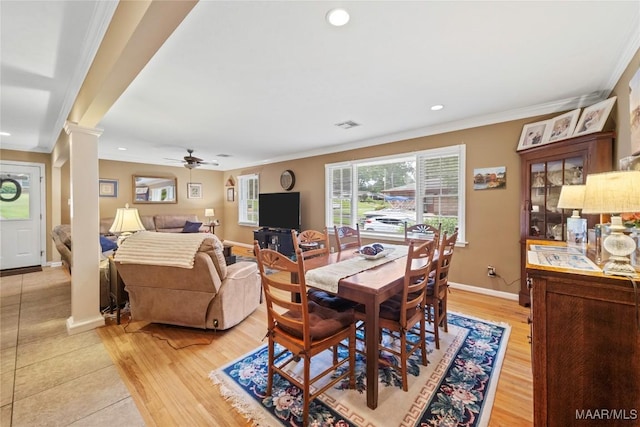 901 Green Forest Dr, Montgomery, AL 36109 - dining space featuring crown molding, decorative columns, recessed lighting, a ceiling fan, and light wood-style floors